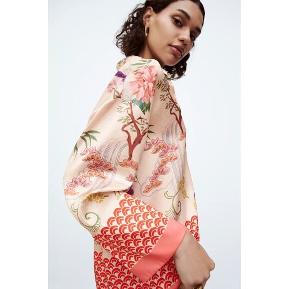 NWOT Zara champagne and coral floral, nature printed PJ inspired blouse, L - Picture 3 of 13